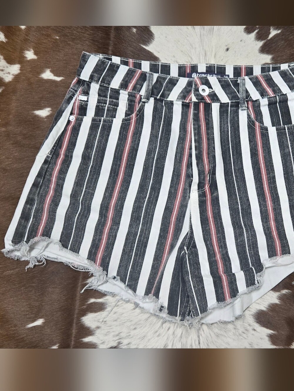 Tractr Striped Black White and Pink Distressed Jean Shorts